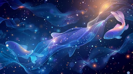 Two fishes are swimming in the space with stars and colorful light trails.