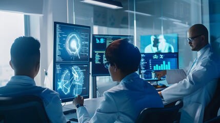 Engineers in lab coats analyze complex data on multiple monitors in a high-tech laboratory, focusing on advanced scientific research and innovation.
