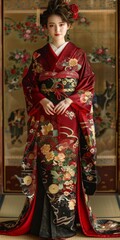 Portrait of a Japanese Geisha in Traditional Kimono Attire