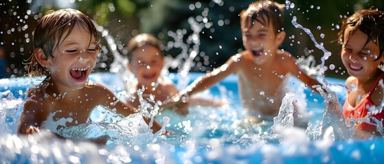 Obraz premium Excited Children Having Fun Splashing in Pool
