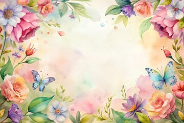 Colorful watercolor floral border with butterflies on a soft pastel background