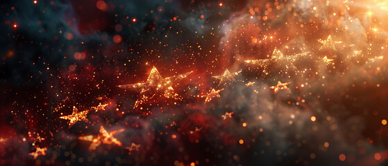 Naklejka premium background of stars and particles, glowing in reds and oranges against an ethereal dark space backdrop