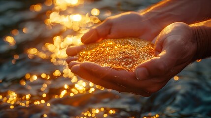 Man holding olden sand by the river. A close-up shot of a man’s hands holding golden sand, with a river in the background.