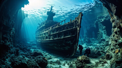 an underwater scene with two divers exploring a shipwreck