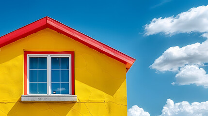 A yellow house with a red window and a blue sky adorned with white clouds in the background