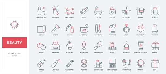 Beauty cosmetics and makeup kit of salon or home care line icons set. Fashion perfume and accessories, healthy food, towels and clothes for beach thin black and red outline symbols vector illustration