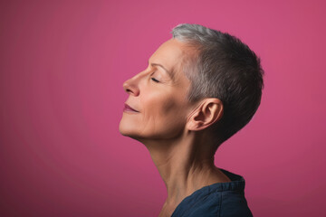 Fototapeta premium A close up of a woman's face with her eyes closed looking to a side