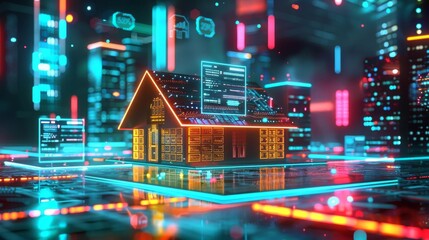 Futuristic negotiation with holographic houses and floating calculators