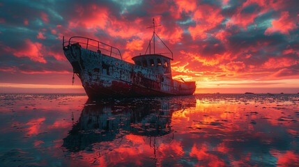 Fototapeta premium Silhouetted sailboat glides across an orange sky and glassy ocean at dusk