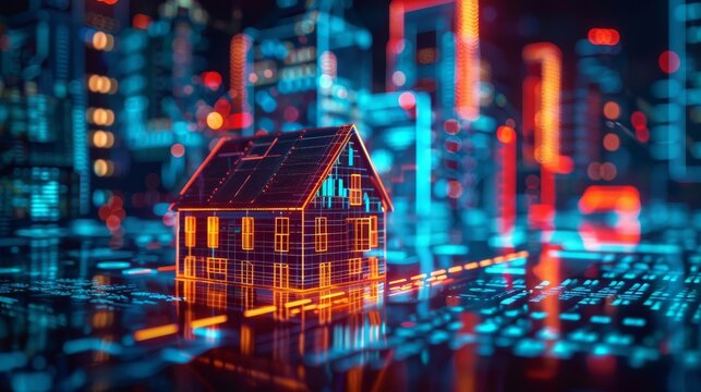 Alternate reality with floating houses and neon financial figures