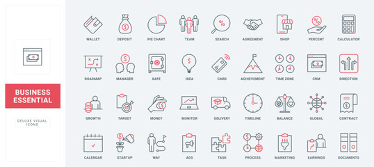 Business process, marketing tools, startup idea line icons set. Agreement and contract, bank deposit percentage, timeline and way to growth thin black and red outline symbols vector illustration