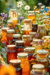close-up of jars with different types of honey. Selective focus