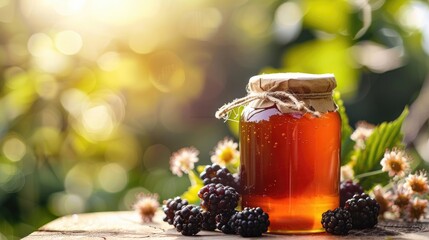 close up of a jar of blackberry honey. Selective focus
