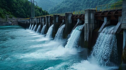 Scenic view of a hydroelectric dam with multiple water flow channels in a lush, mountainous landscape. Blue water cascades gracefully over the structures.