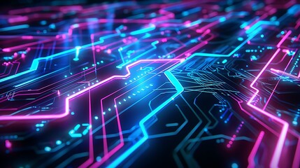 Obraz premium Glowing Neon Circuit Lines Overhead: Futuristic Technology Concept Illuminating the Digital Landscape with Vibrant Energy and Connectivity, Perfect for Tech Innovation Themes