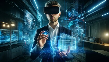 Businessman wearing VR headset interacting with holographic architectural models in a high-tech office, showcasing virtual reality in business and futuristic technology applications.