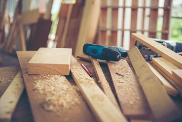 DIY craftsperson wood heap carpenter objects woodwork handyman desk. Architect tools with ruler...