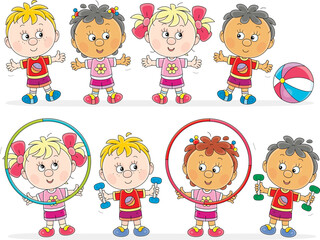 Happy little boys and girls with sport hoops and dumbbells and without them doing morning exercises, vector illustration isolated on a white background