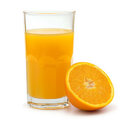 Glass filled with orange juice stands beside fresh orange slice on table. Isolated white background