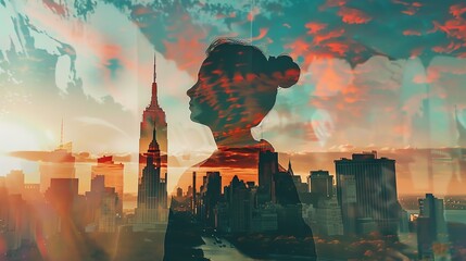 Double exposure of a woman's silhouette over a vibrant cityscape at sunset. Artistic representation of urban life and introspection.