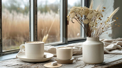 Beige table set with two cups and saucers, accompanied by vase filled with fresh flowers