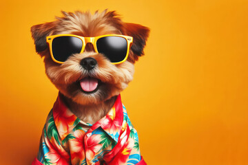 dog portrait wear sun glasses and hawaii T short Isolated on yellow background