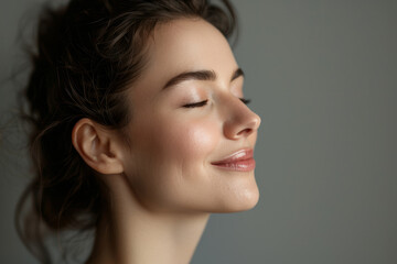 Fototapeta premium A close up of a woman's face with her eyes closed looking to a side