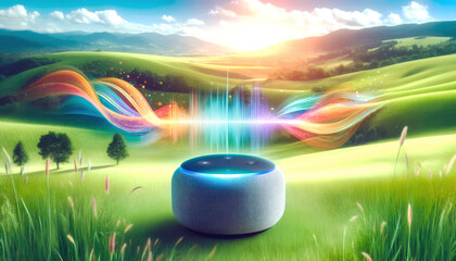A smart speaker in a lush green landscape emits colourful, vibrant sound waves, blending technology with nature in a visually stunning, surreal scene.