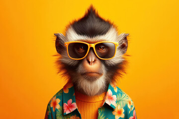 monkey portrait wear sun glasses and hawaii T short Isolated on yellow background