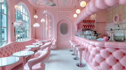 Pink restaurant with pink chairs, cohesive aesthetic in pastel colors without any text or chaos