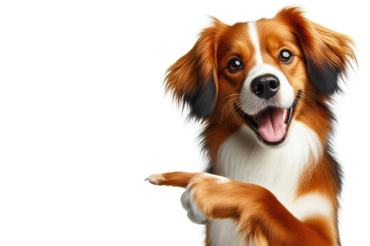 Smiling funny dog pointing away portrait Isolated on white background