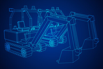 Heavy equipment excavator machine manufacturing power equipment for open pit mining. Wireframe low poly mesh vector illustration