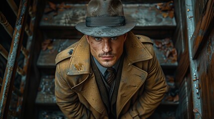 Mysterious man in a vintage trench coat and hat, standing on stairs, looking up intently, creating a 1940s detective film noir scene.