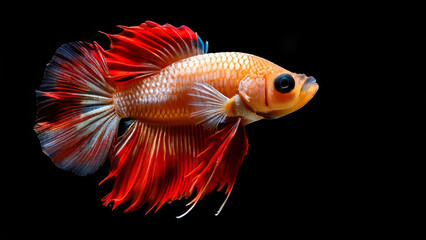 Fototapeta premium The brightly colored betta fish, also known as the Siamese fighting fish. Its fins and body are highlighted with red and orange hues.