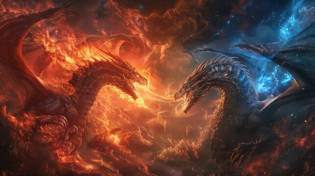 Epic illustration of two dragons, one of fire and one of ice, facing off in a dramatic and mystical conflict in a fantasy setting.