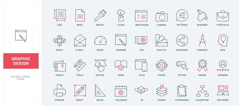 Creative graphic design, digital project creation line icons set. Options and settings, cloud program editing tools to customize art process thin black and red outline symbols vector illustration