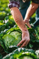 Obraz premium a man harvests cabbage on the plot. selective focus