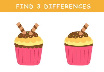 Find 3 differences in illustration. Educational activity with cute cupcake illustration. Spot difference. Educational fun game for children.	