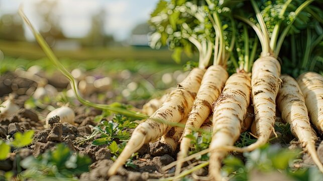 close up of parsnips in the garden. selective focus
