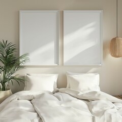 Frame mockup, modern home bedroom interior with bed, wall poster frame, 3D render