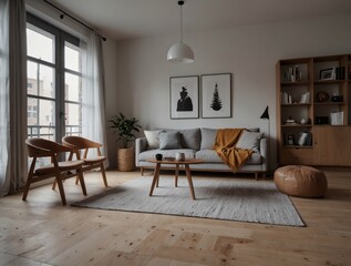 Minimalist Nordic apartment interior, living area.