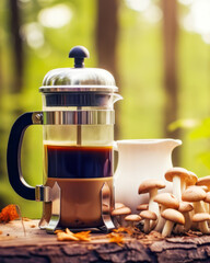 French press filled with mushroom coffee, surrounded by fresh mushrooms in forest setting. Concept emphasizes healthy adaptogenic coffee as caffeine-free alternative, blending wellness and nature