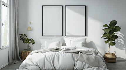 Frame mockup, modern home bedroom interior with bed, wall poster frame, 3D render