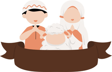 Muslim kids and sheep greeting illustration