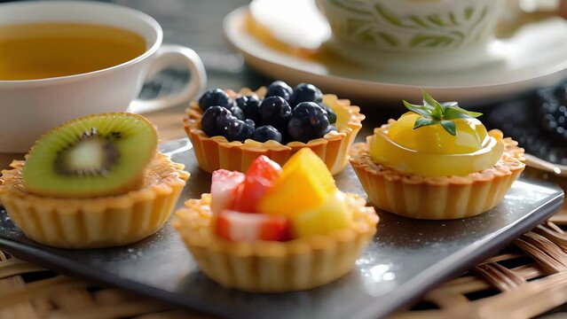A trio of tropical themed tartlets each filled with a different exotic fruit filling and served with a pot of delicate white tea.
