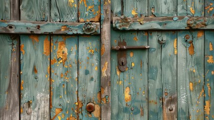 Weathered wooden door with chipped blue paint and a rustic metal handle