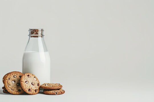 A bottle of milk with cookies against a light background, symbolizing wholesome nutrition.