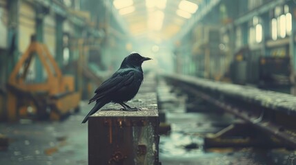 A lone crow perches in an abandoned misty factory contemplating the silence