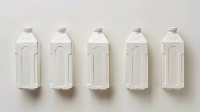 Five white milk cartons in a row on a light background.