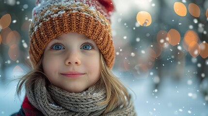 A girl with large blue eyes is surrounded by a snowy landscape and warm bokeh lights, creating a magical and captivating scene